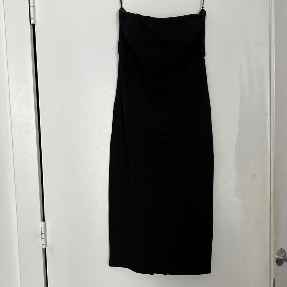Nordstrom black strapless bodycon midi dress with gold zipper lining the back